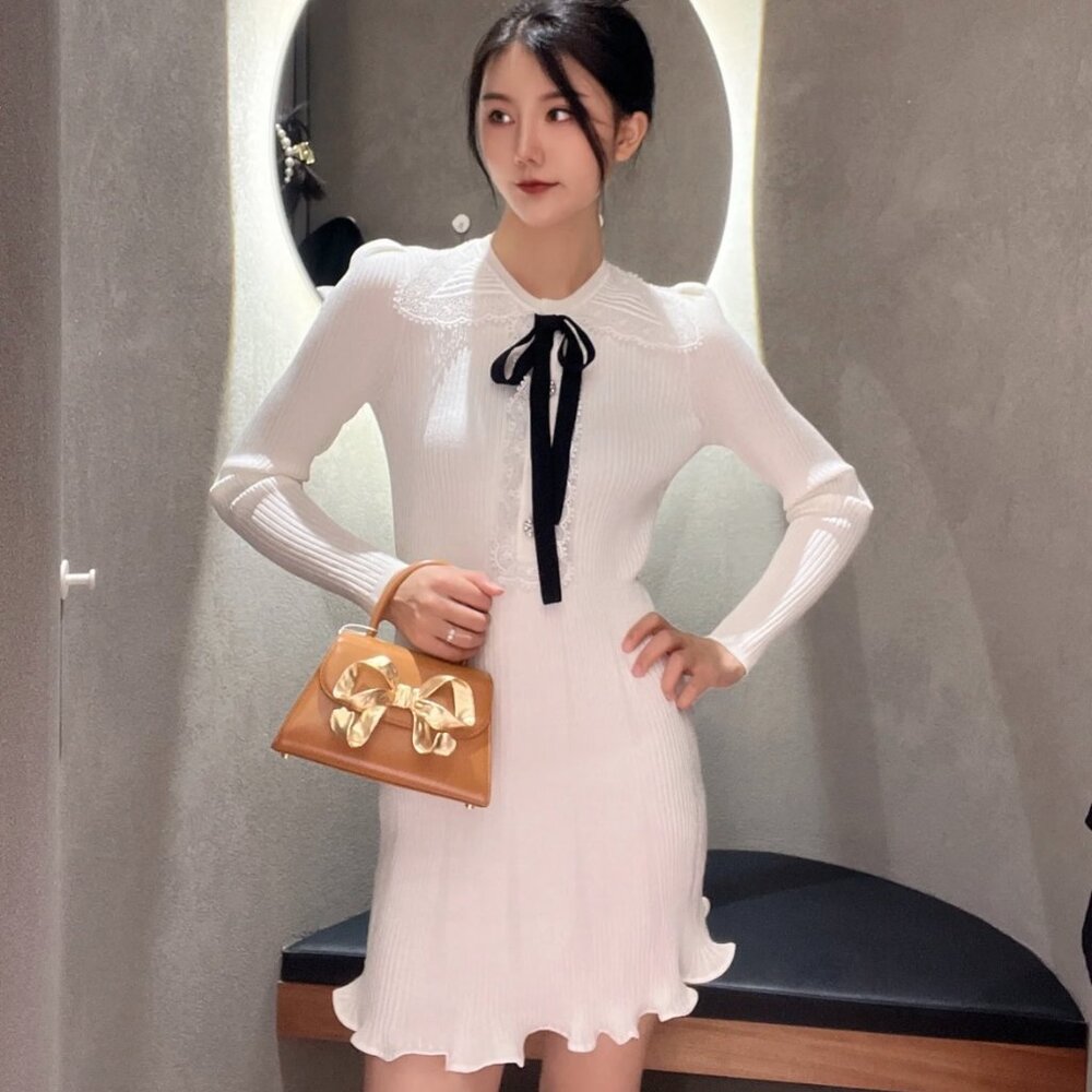 NWT white Self-Portait knit dress with black bow tie